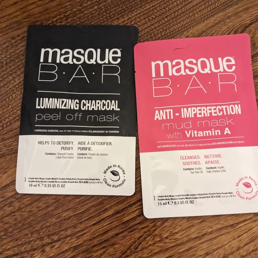 Two Masque Bar masks - luminizing charcoal and anti imperfection vitamin A mud.
